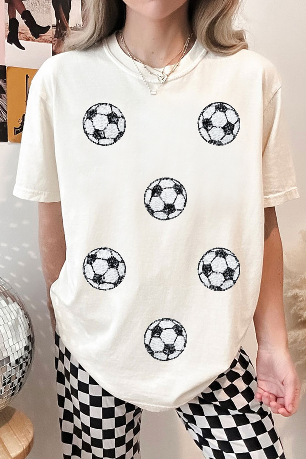 White Sequin Gold Football Tee