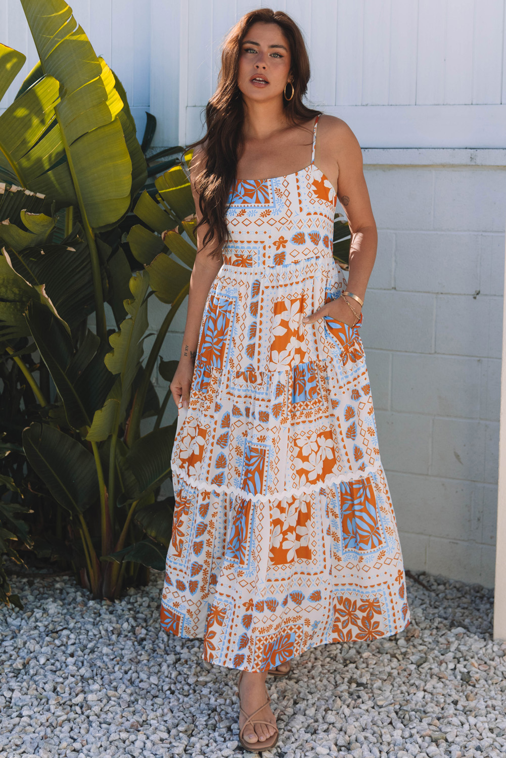 Orange Tie-Dye Patterned Bodycon Ruched Spaghetti Strap Maxi Dress
