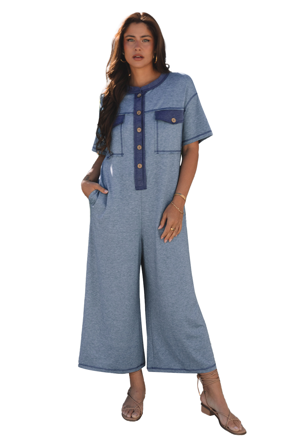 Beau Blue Half Placket Chest Pockets Short Sleeve Wide Leg Jumpsuit view 22