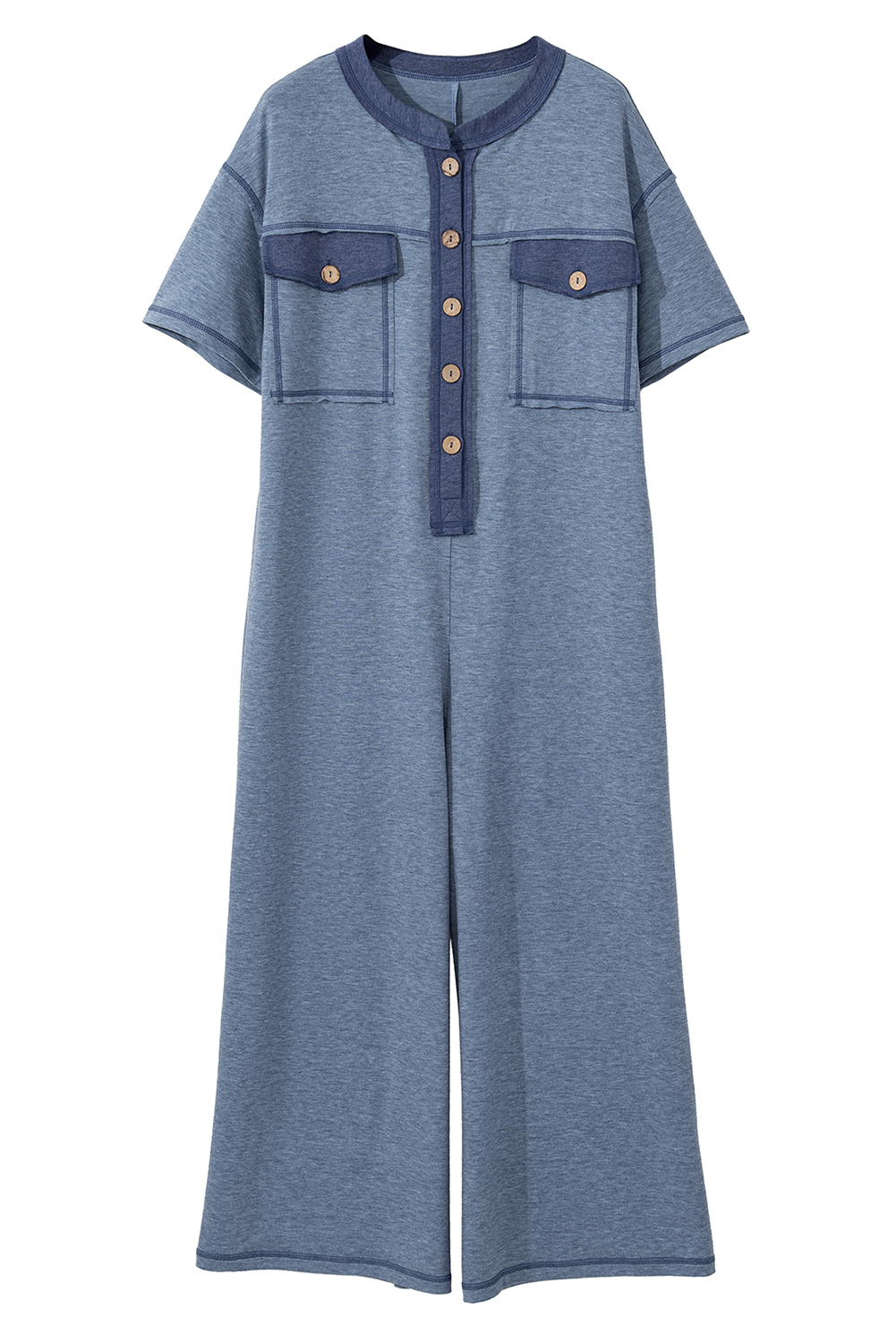 Beau Blue Half Placket Chest Pockets Short Sleeve Wide Leg Jumpsuit view 24
