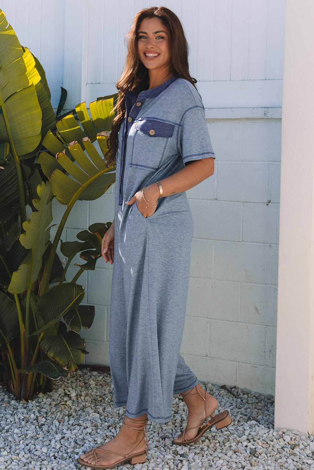 Beau Blue Half Placket Chest Pockets Short Sleeve Wide Leg Jumpsuit view 3