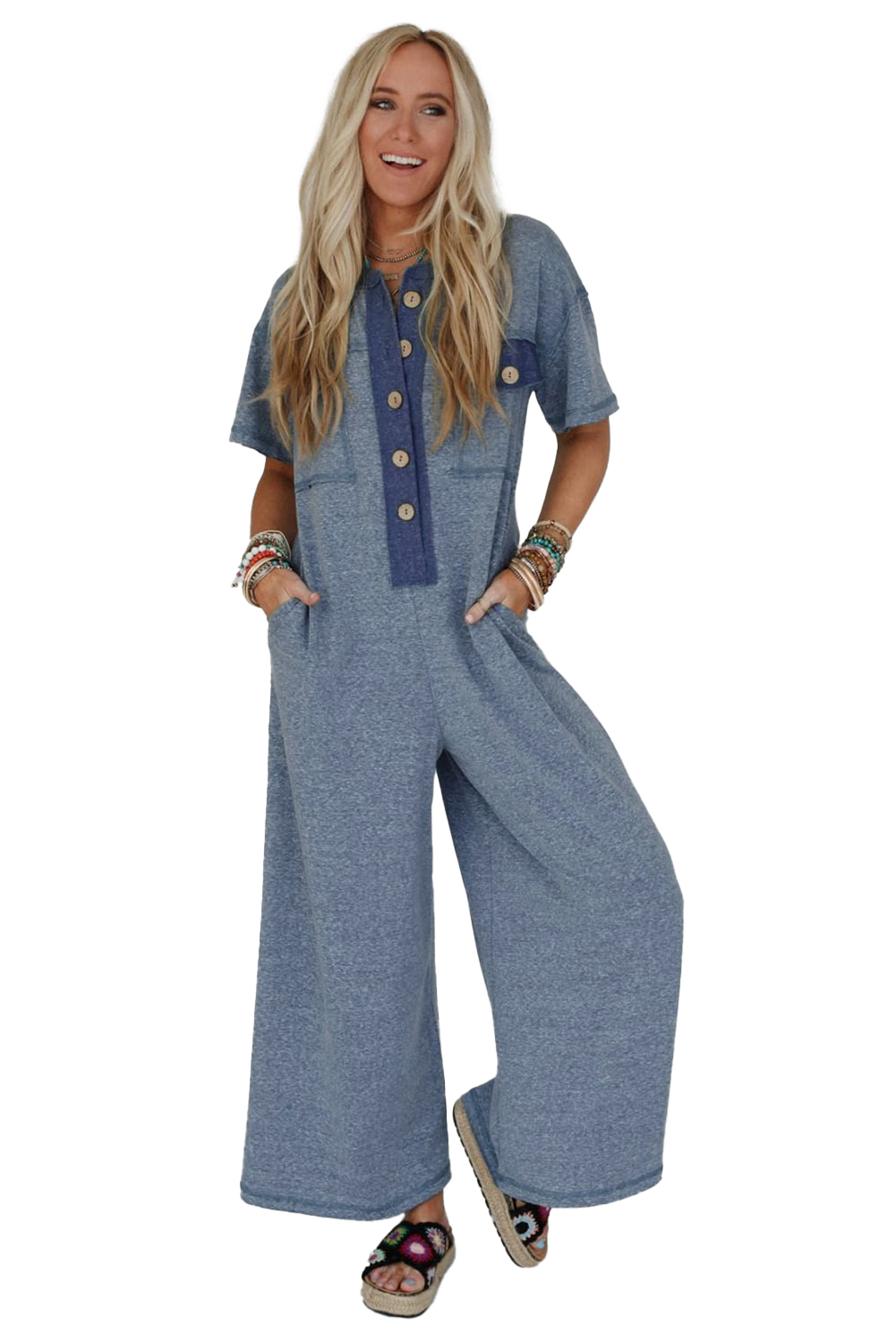 Beau Blue Half Placket Chest Pockets Short Sleeve Wide Leg Jumpsuit view 23