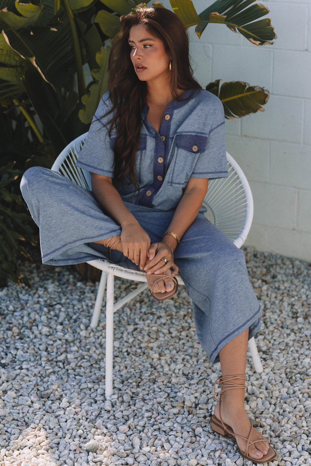 Beau Blue Half Placket Chest Pockets Short Sleeve Wide Leg Jumpsuit view 6