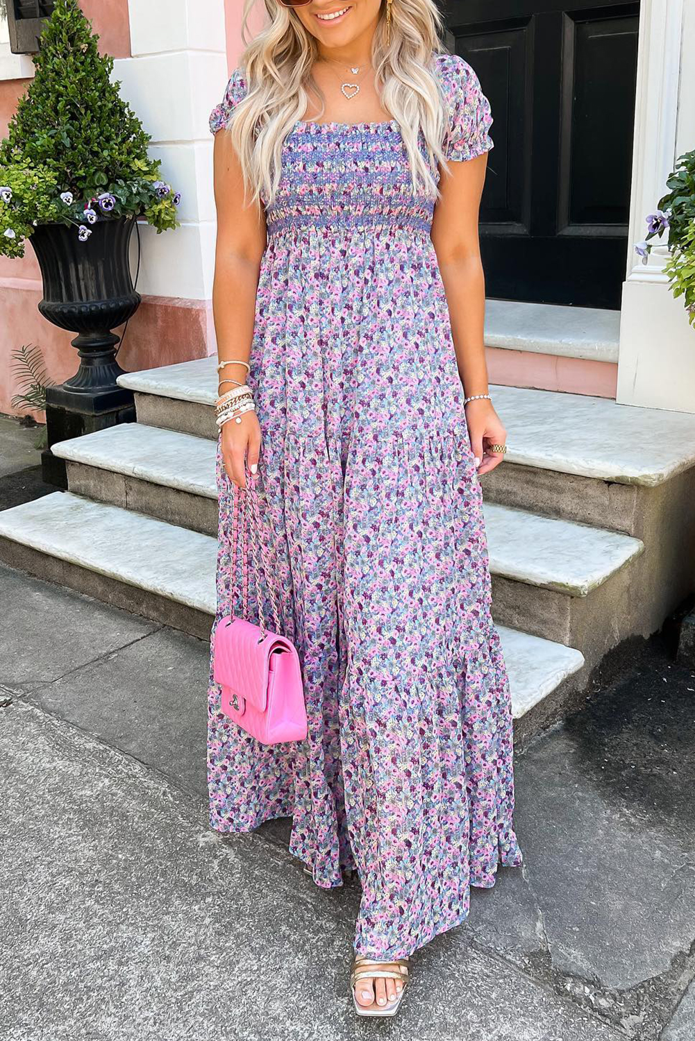 Purple Floral Short Bubble Sleeve Shirred High Waist Maxi Dress view 8