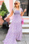 Purple Floral Short Bubble Sleeve Shirred High Waist Maxi Dress