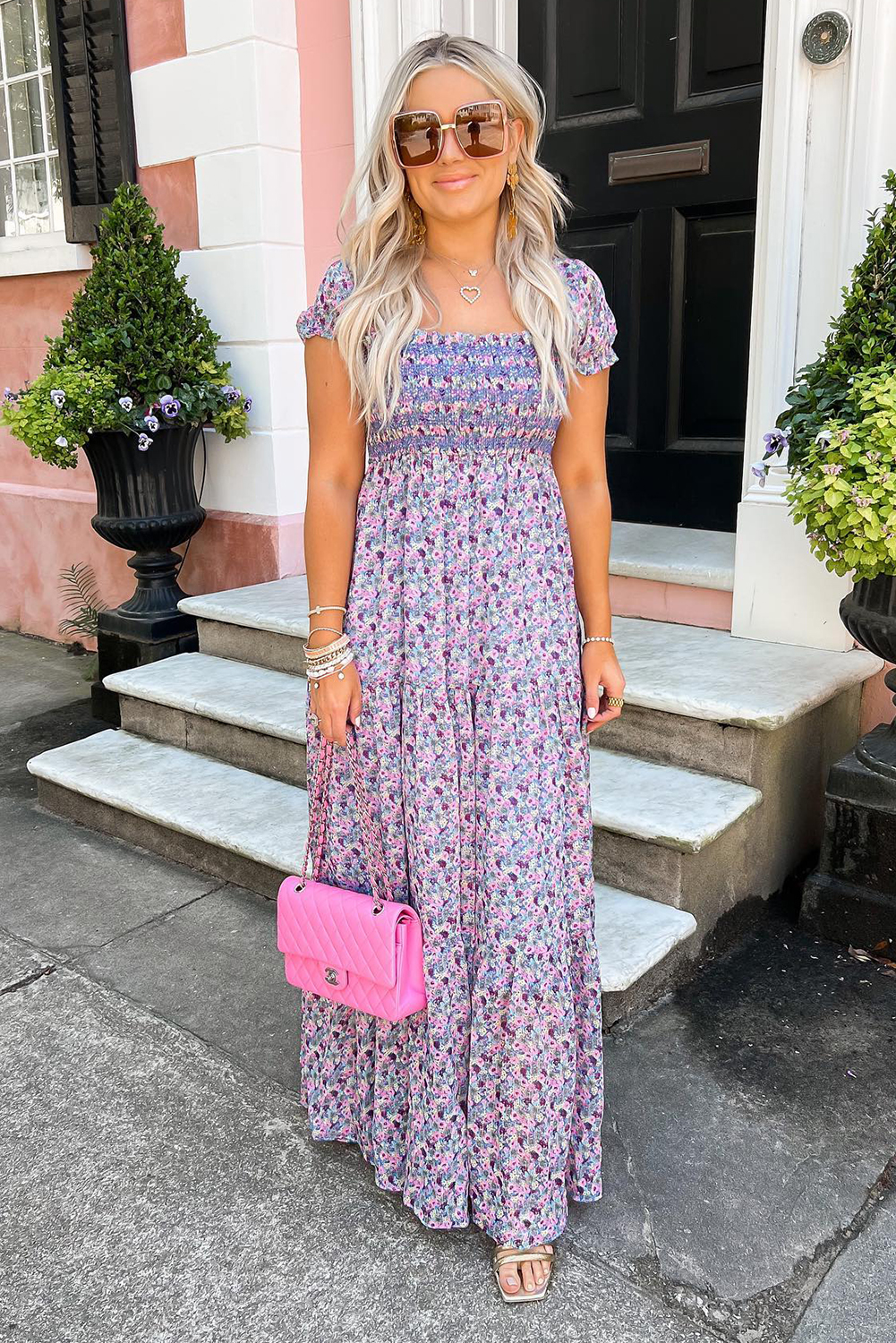 Purple Floral Short Bubble Sleeve Shirred High Waist Maxi Dress view 10