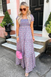 Purple Floral Short Bubble Sleeve Shirred High Waist Maxi Dress