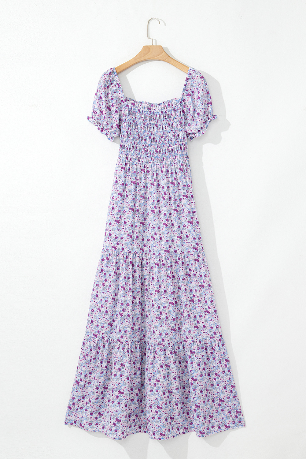 Purple Floral Short Bubble Sleeve Shirred High Waist Maxi Dress