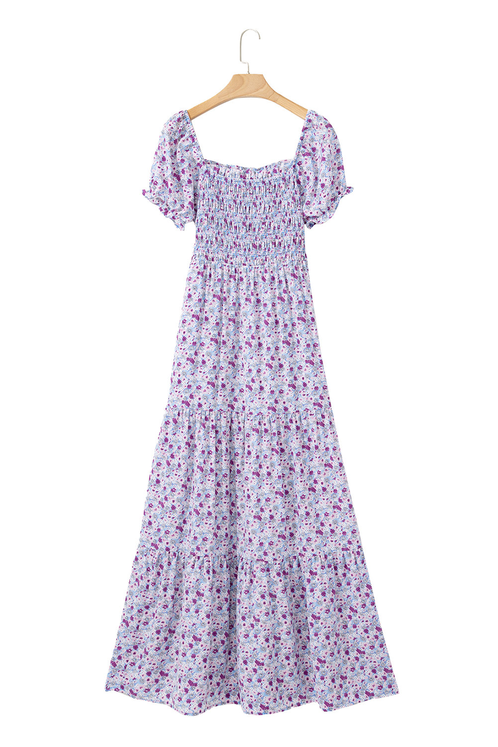 Purple Floral Short Bubble Sleeve Shirred High Waist Maxi Dress