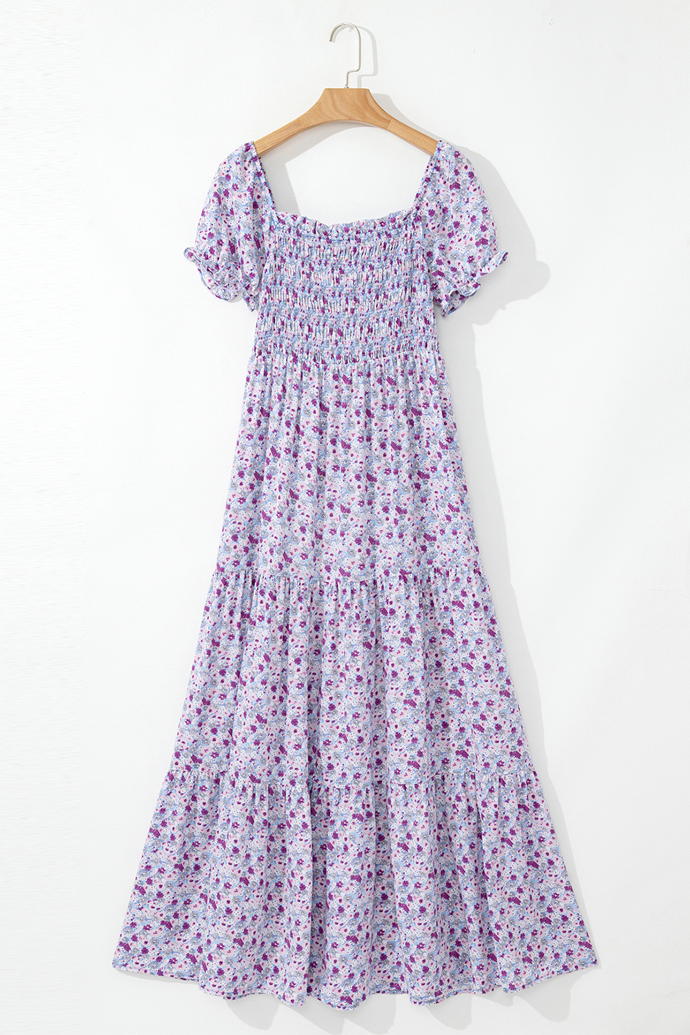 Purple Floral Short Bubble Sleeve Shirred High Waist Maxi Dress