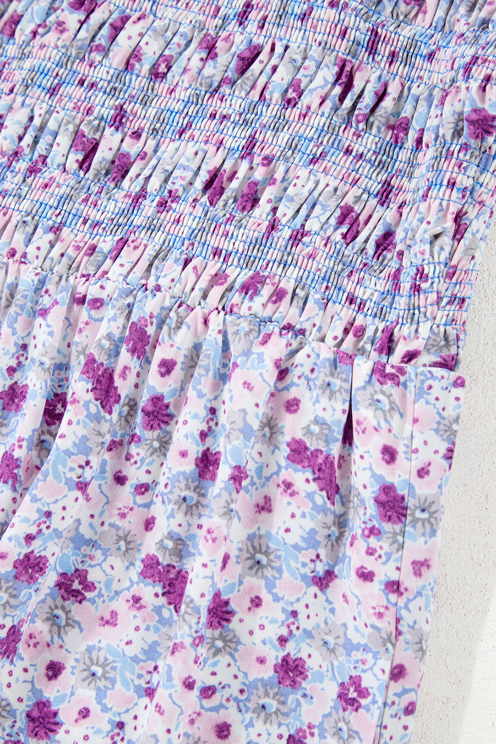 Purple Floral Short Bubble Sleeve Shirred High Waist Maxi Dress