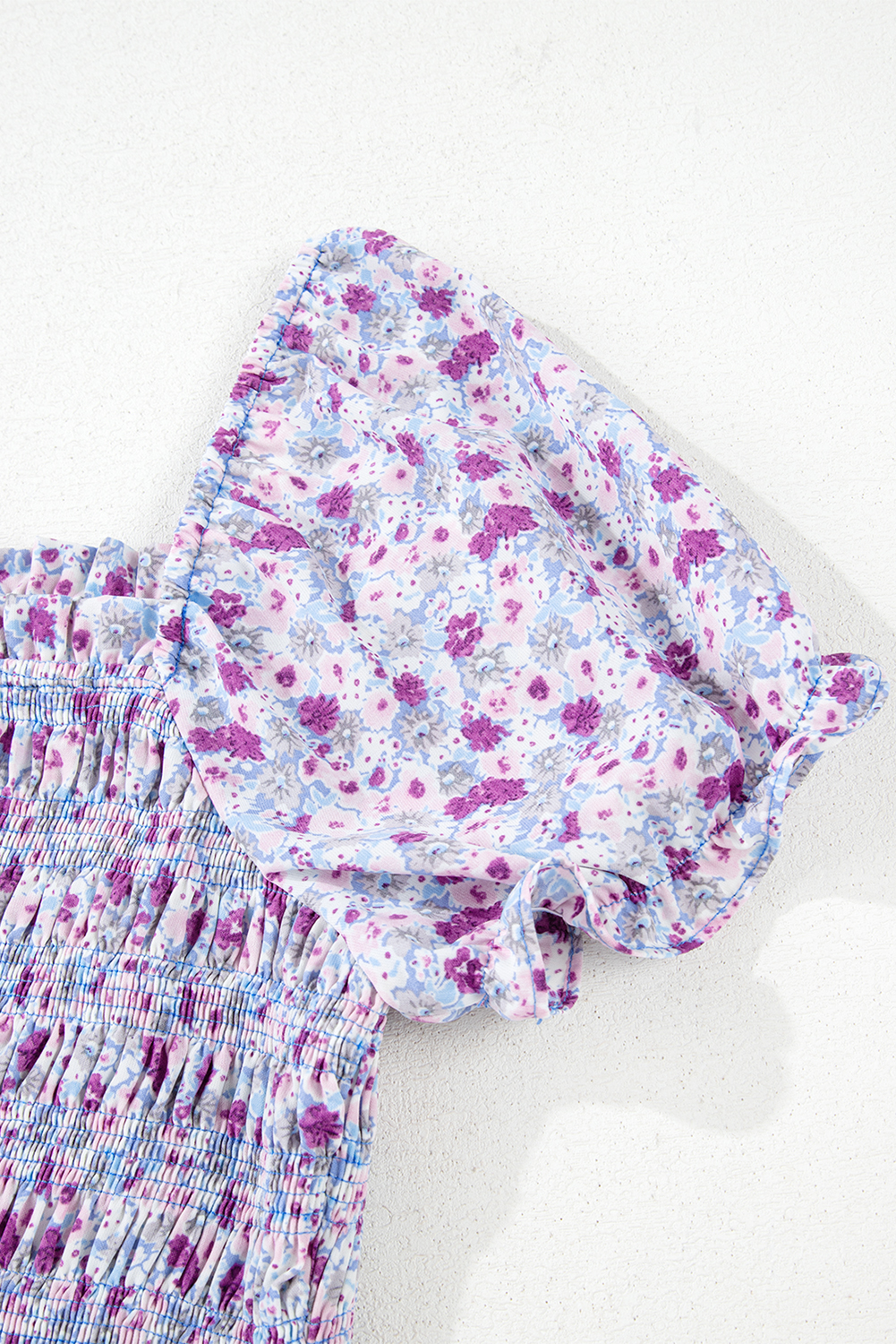 Purple Floral Short Bubble Sleeve Shirred High Waist Maxi Dress