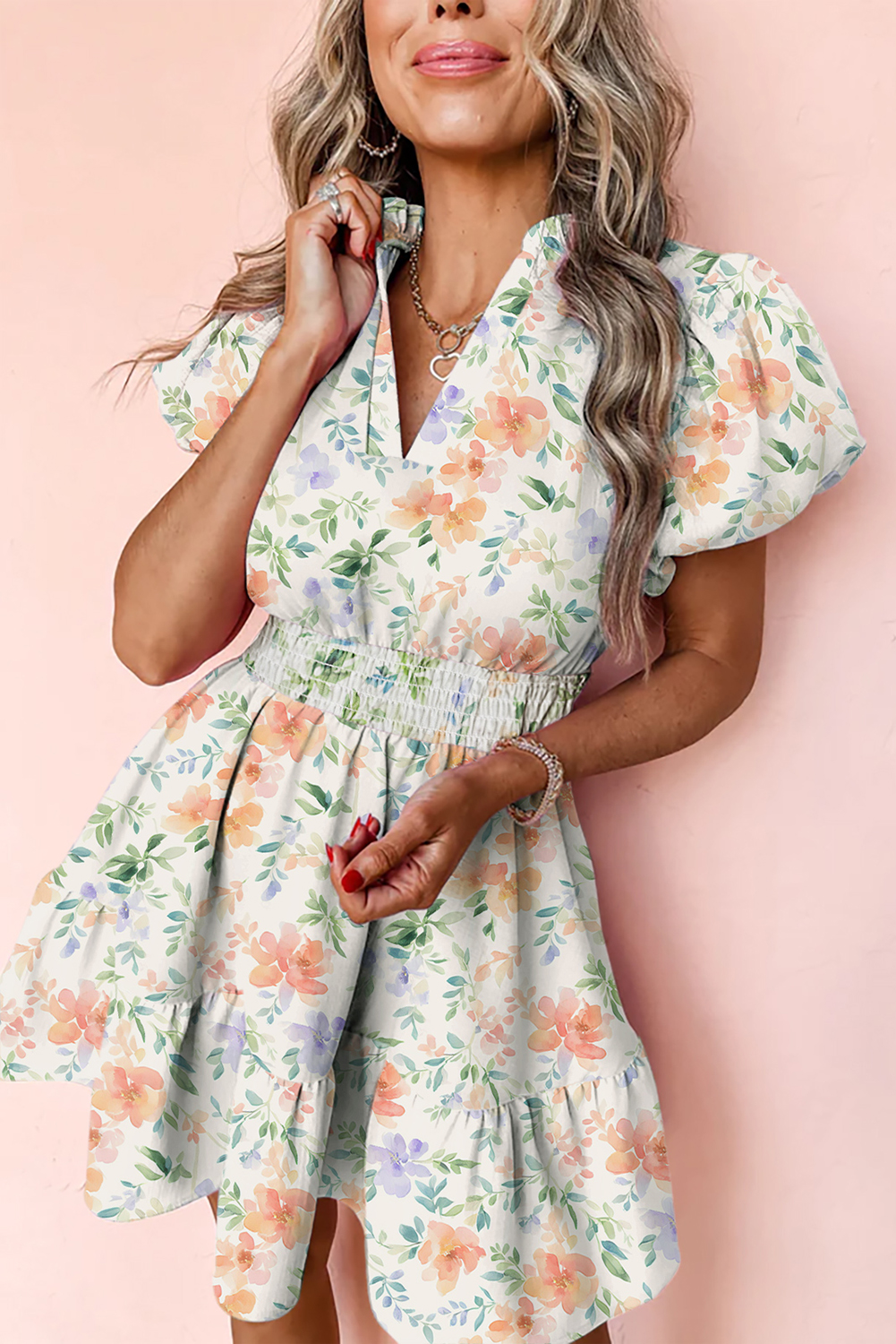 Beige Floral Print Shirred High Waist Puff Sleeve Mini Dress view 10