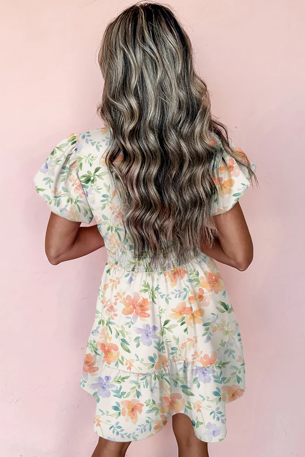 Beige Floral Print Shirred High Waist Puff Sleeve Mini Dress view 11