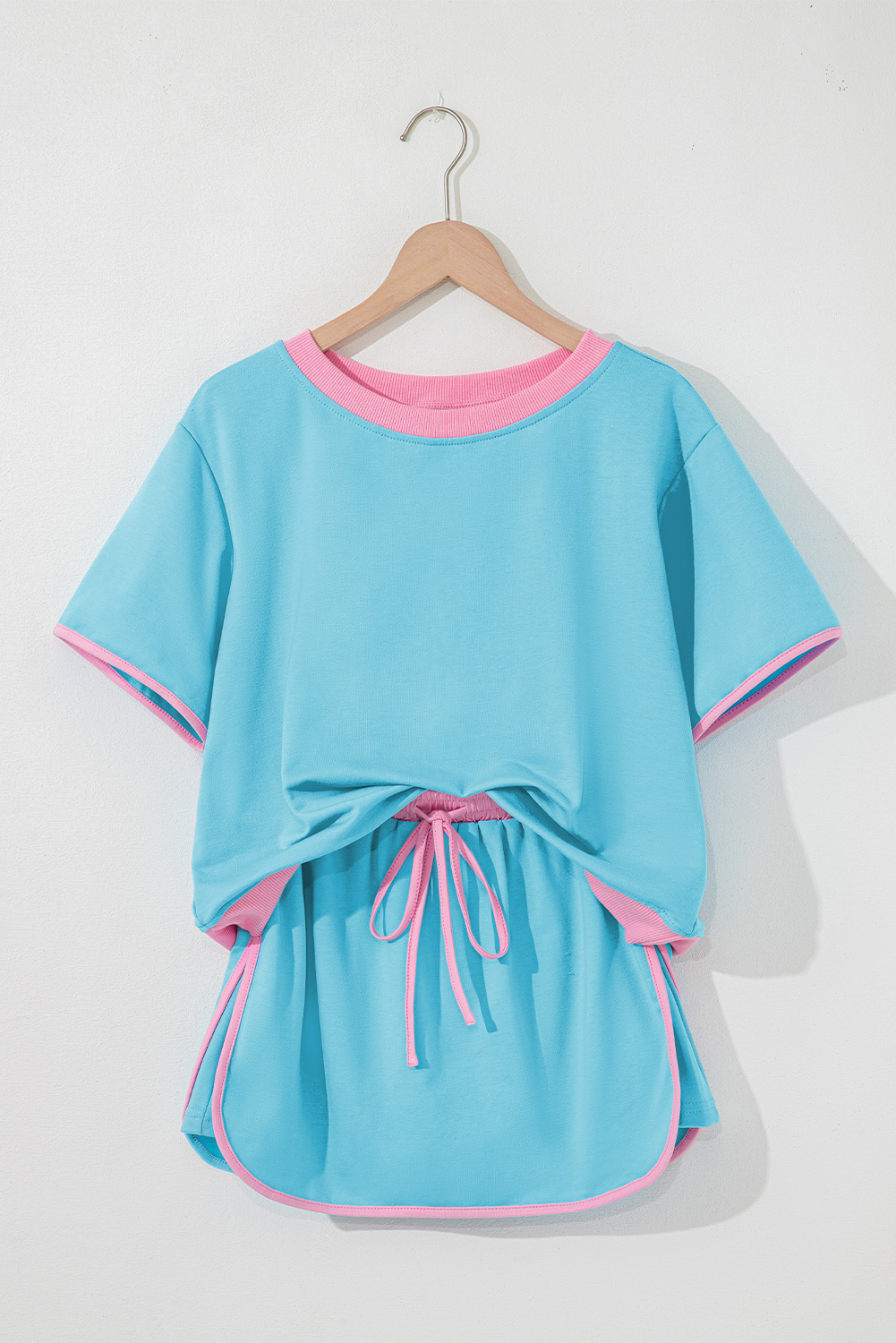 Turquoise Colorblock Edge Drop Shoulder T Shirt and Skort 2Pcs Set view 8