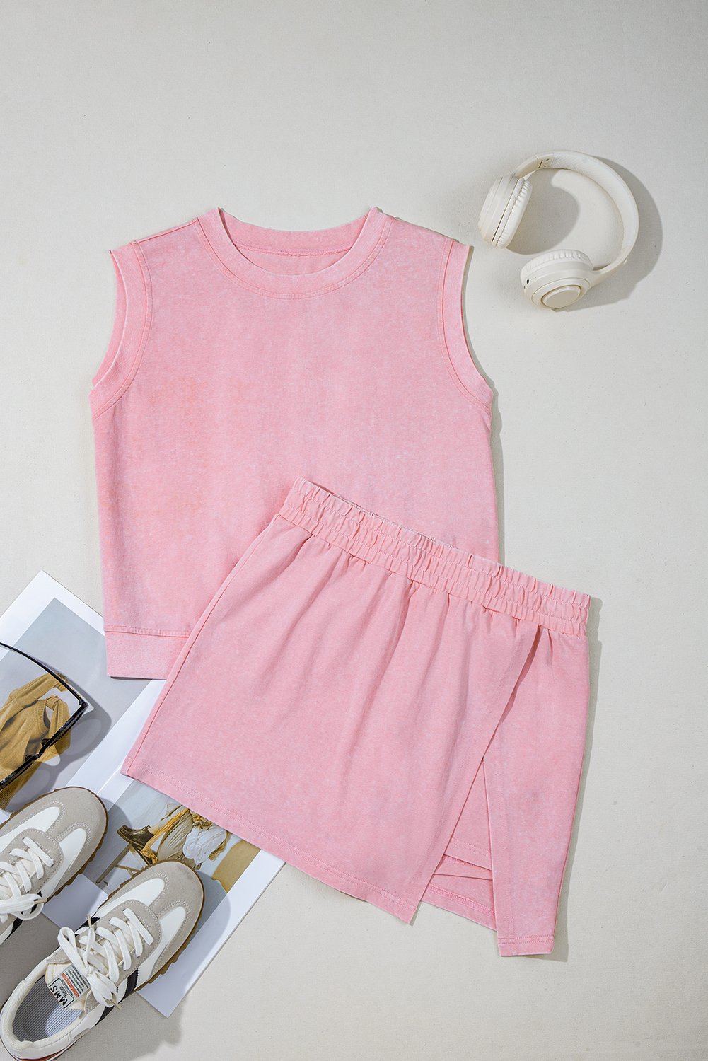 Light Pink Solid Color Washed Sleeveless Top Split Skort Cotton 2pcs Outfit