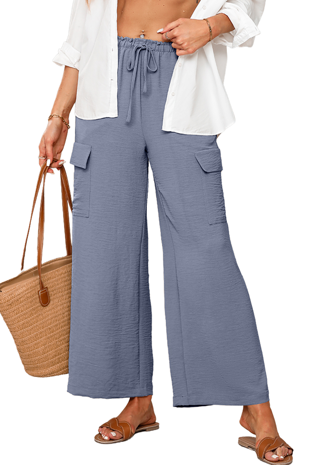 Dark Grey Drawstring Frilled Elastic Waistband Wide Leg Utility Trousers view 20