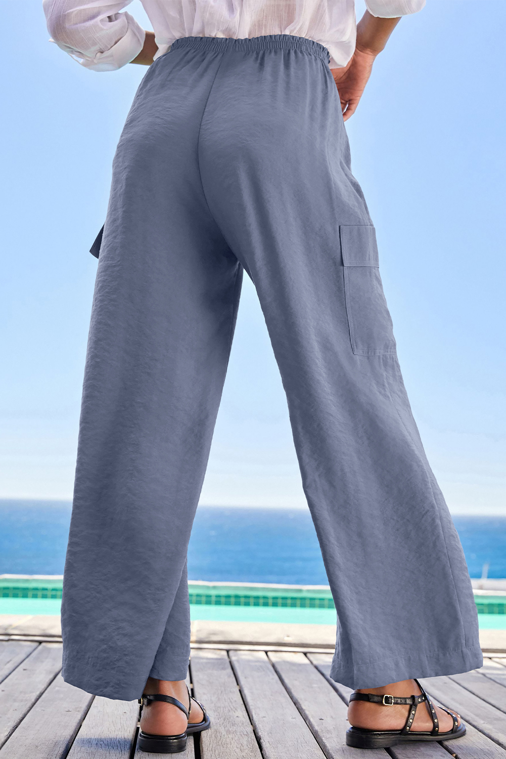 Dark Grey Drawstring Frilled Elastic Waistband Wide Leg Utility Trousers view 16