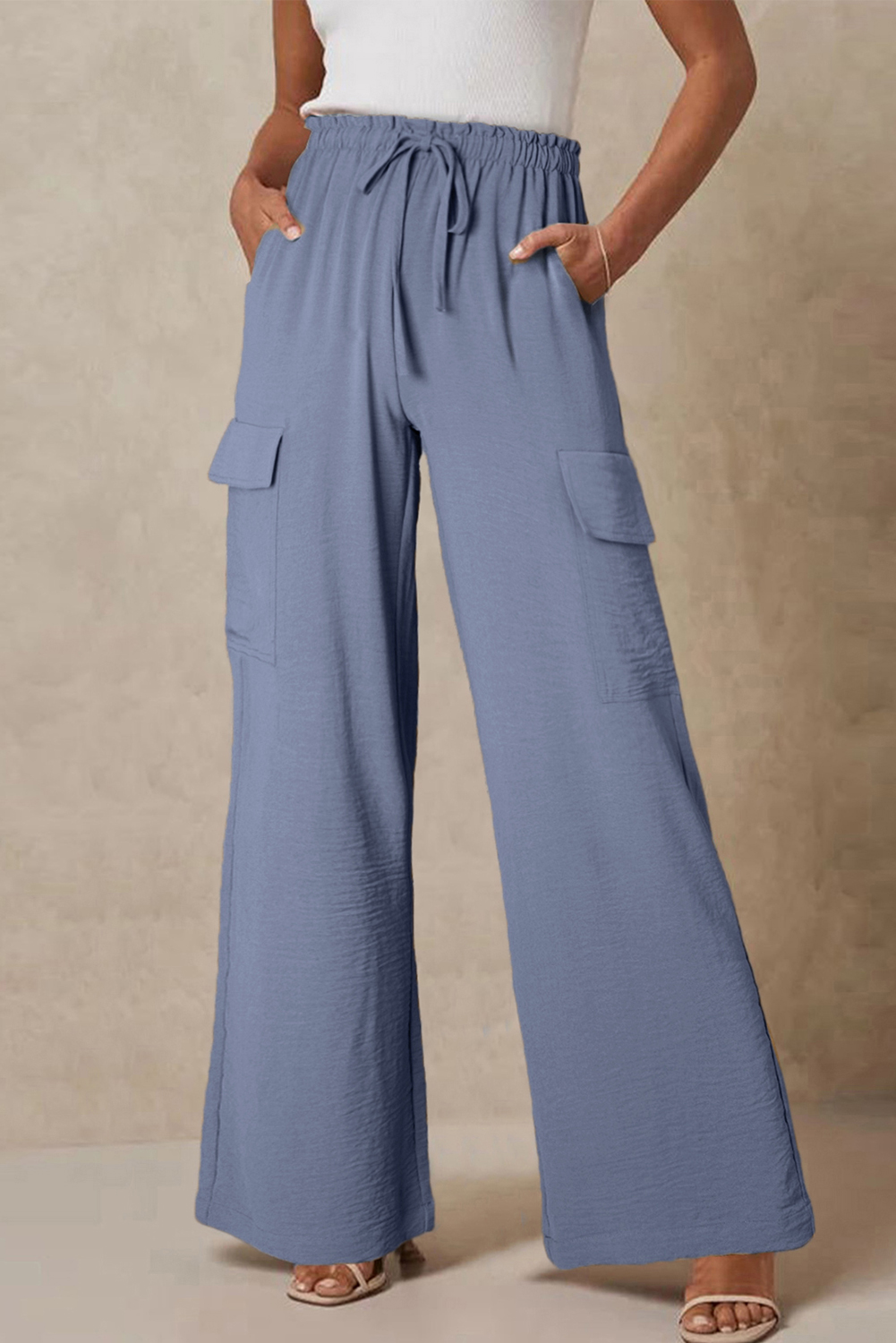 Dark Grey Drawstring Frilled Elastic Waistband Wide Leg Utility Trousers view 14