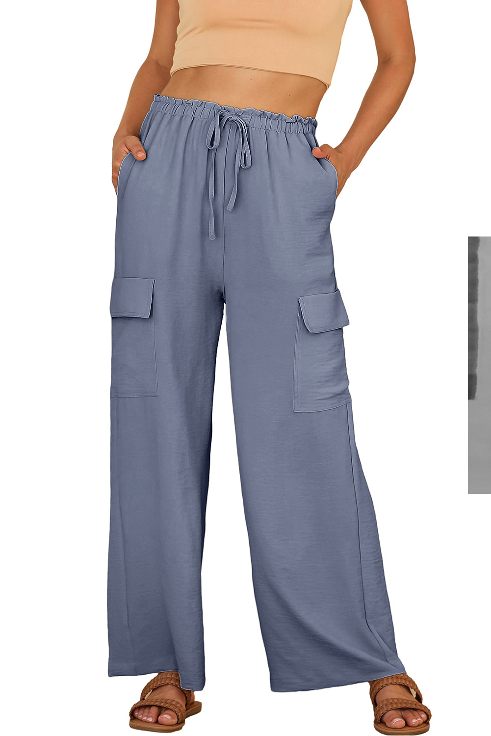 Dark Grey Drawstring Frilled Elastic Waistband Wide Leg Utility Trousers view 19