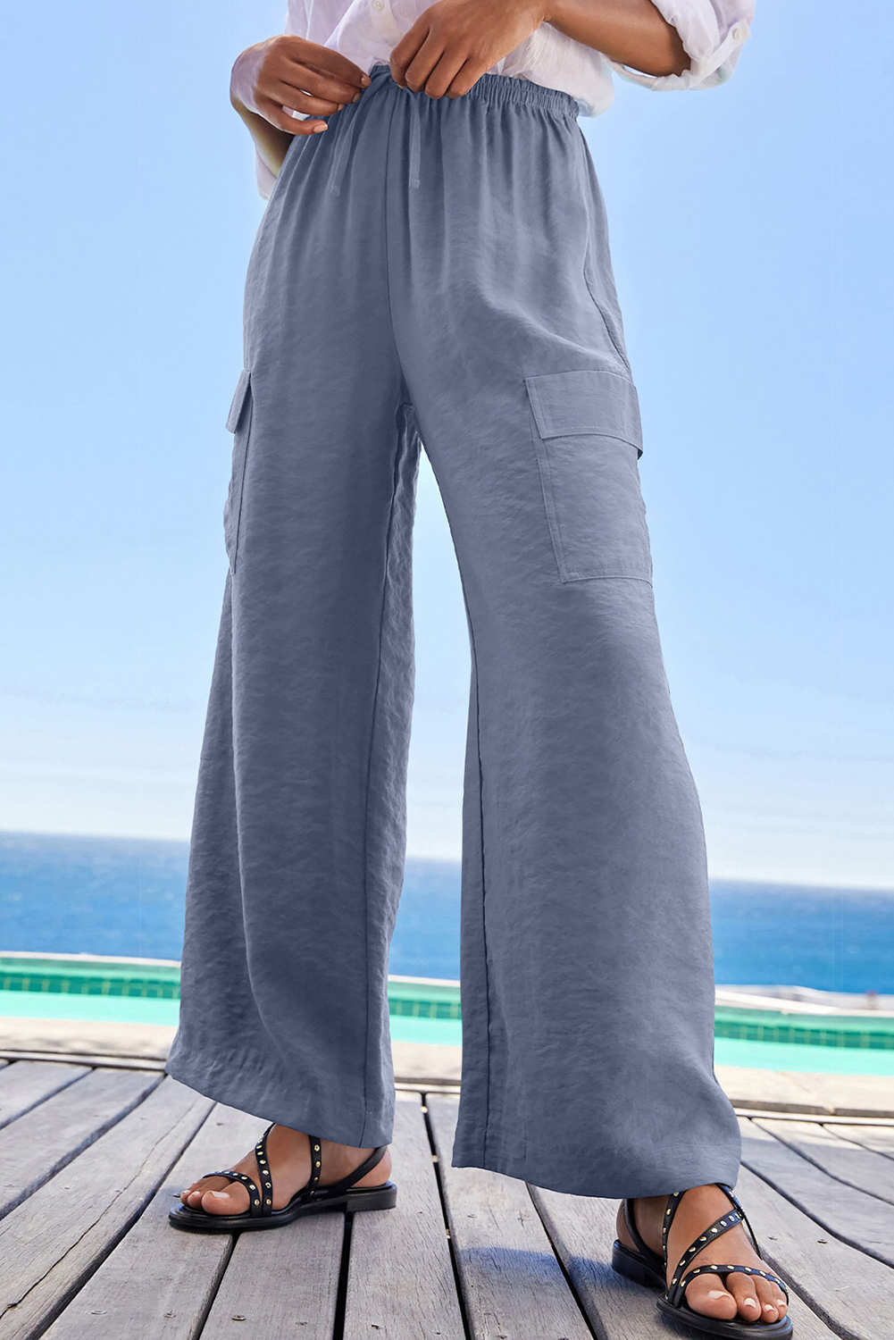 Dark Grey Drawstring Frilled Elastic Waistband Wide Leg Utility Trousers view 15