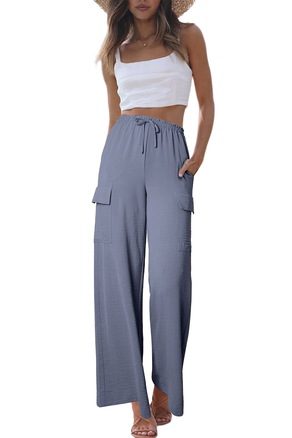 Dark Grey Drawstring Frilled Elastic Waistband Wide Leg Utility Trousers view 18