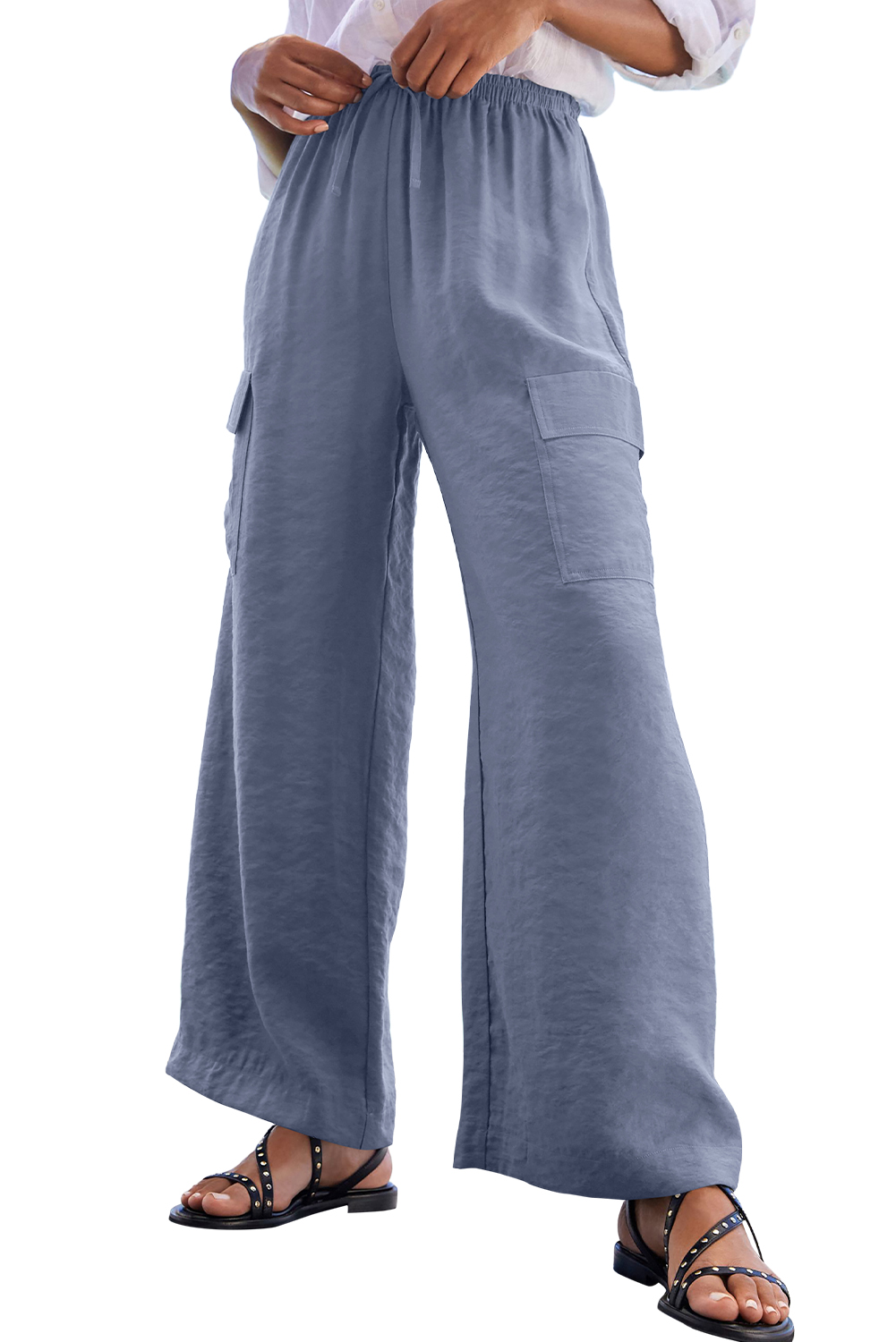 Dark Grey Drawstring Frilled Elastic Waistband Wide Leg Utility Trousers view 17