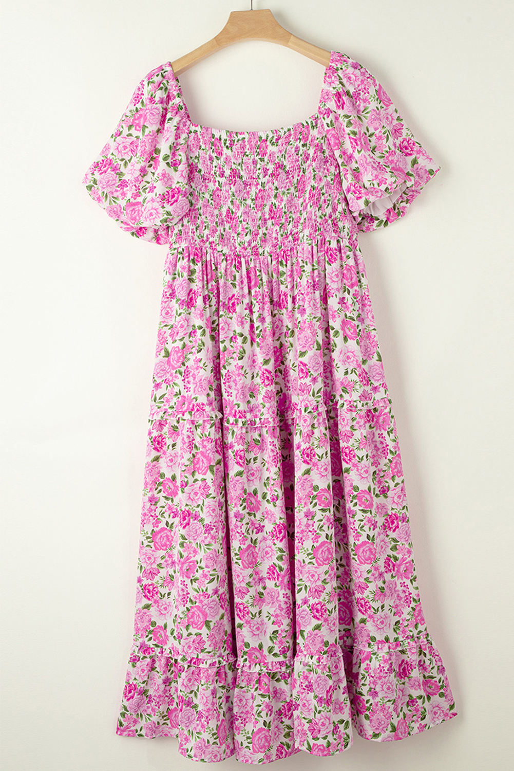Pink Dainty Floral Smocked Puff Sleeve Flowy Long Dress view 16