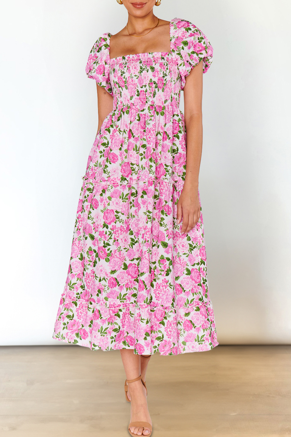 Pink Dainty Floral Smocked Puff Sleeve Flowy Long Dress view 11