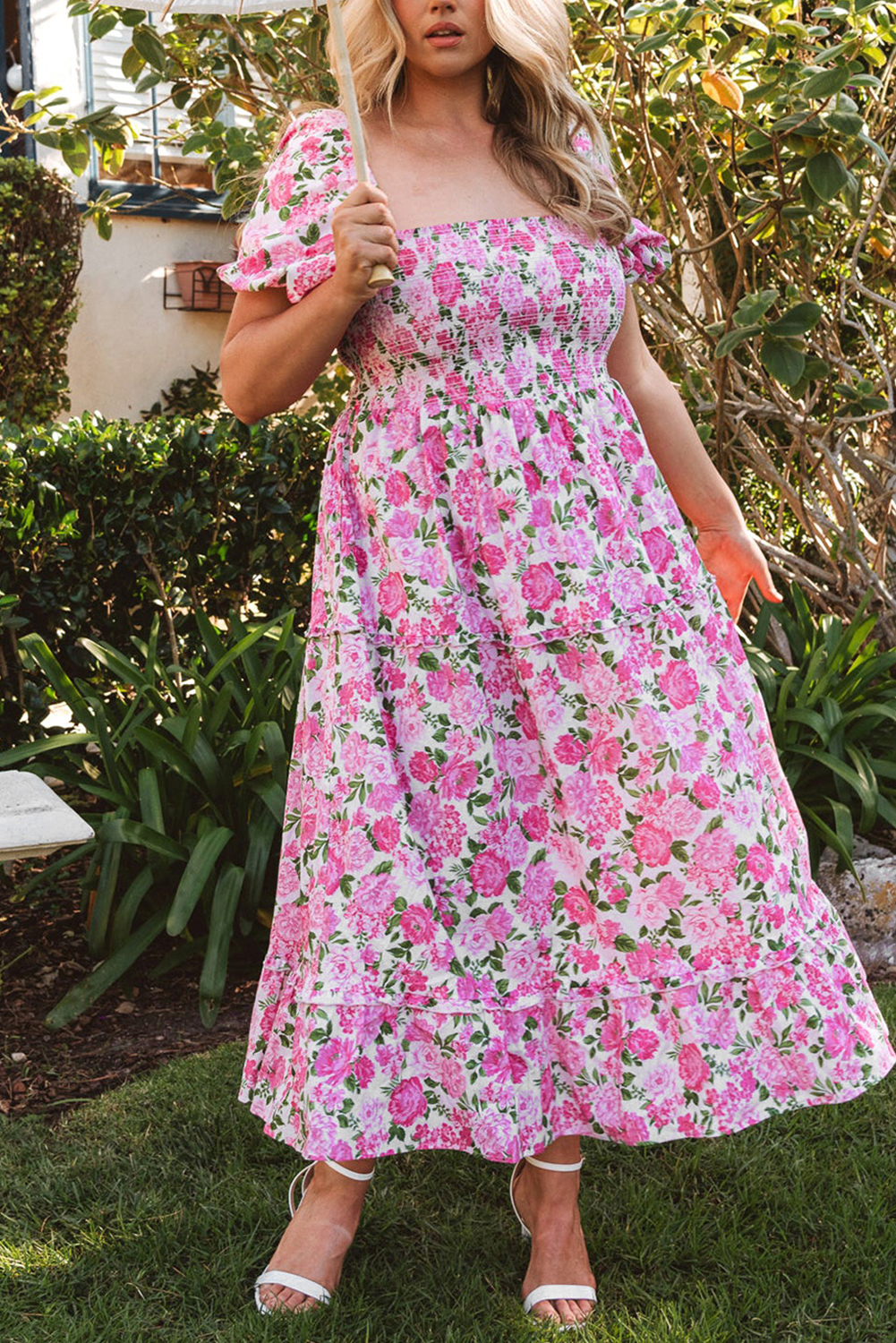 Pink Dainty Floral Smocked Puff Sleeve Flowy Long Dress view 9