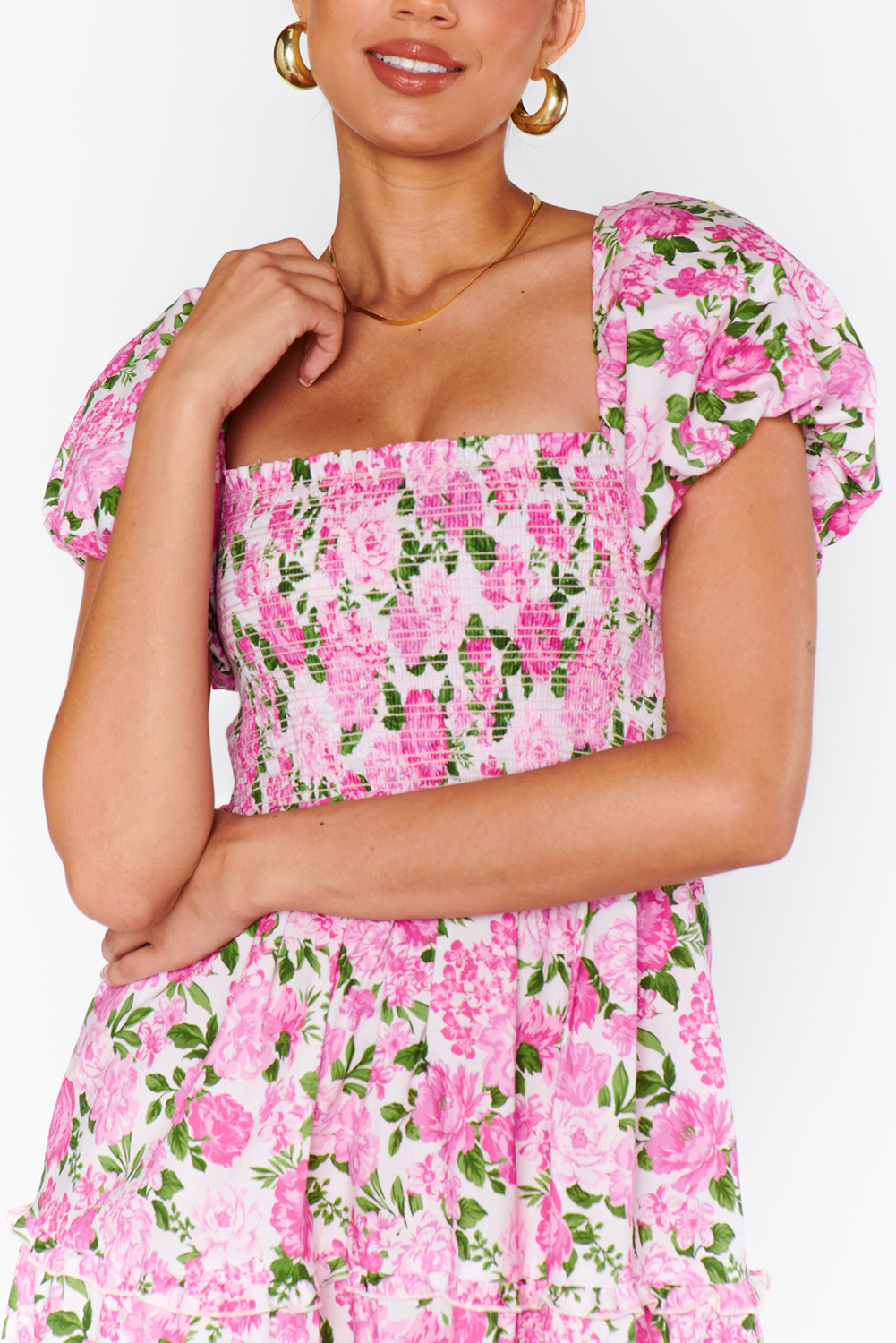 Pink Dainty Floral Smocked Puff Sleeve Flowy Long Dress view 14