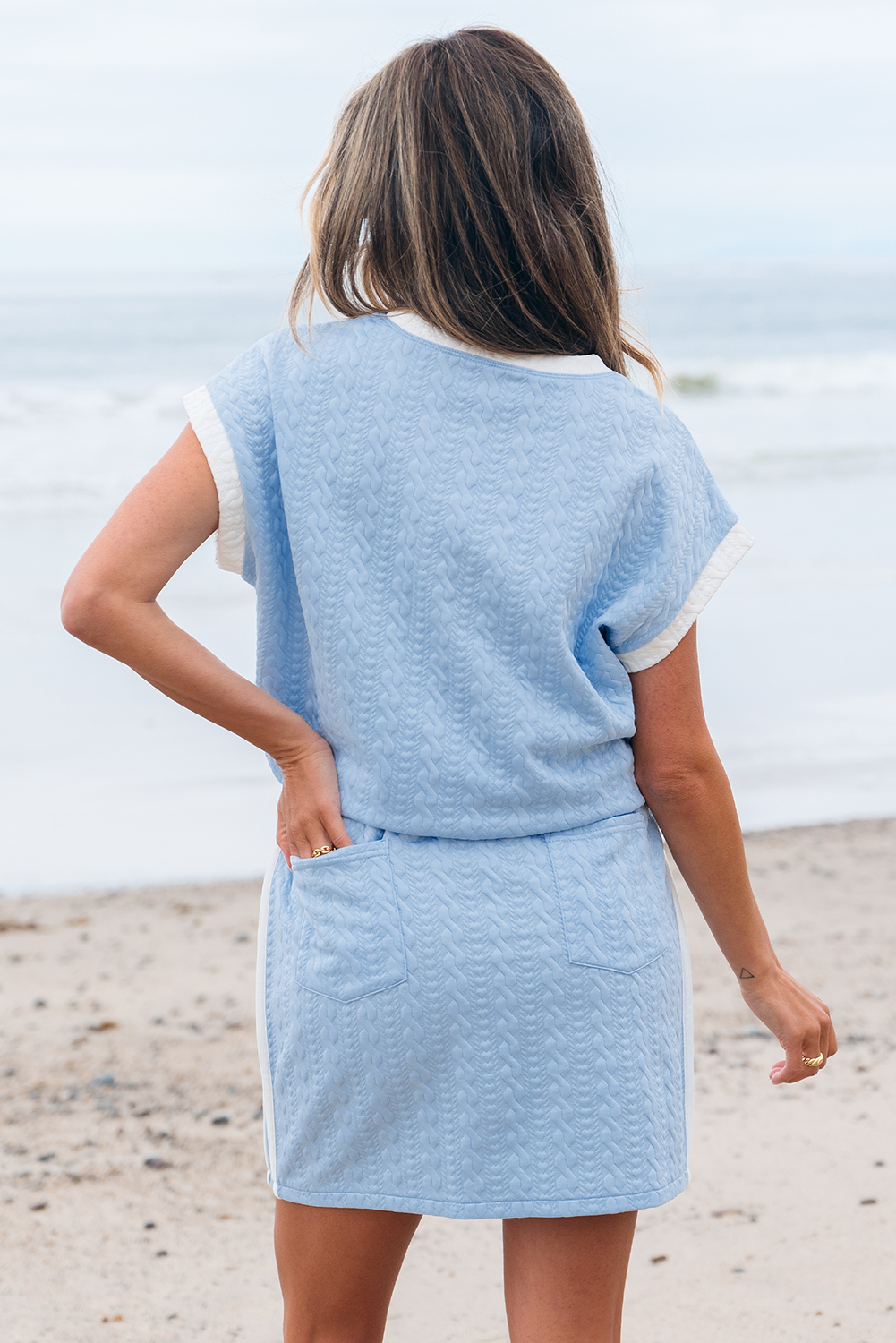 Beau Blue Contrast Trim Textured Crewneck Tee and Pocketed Skirt Set view 2