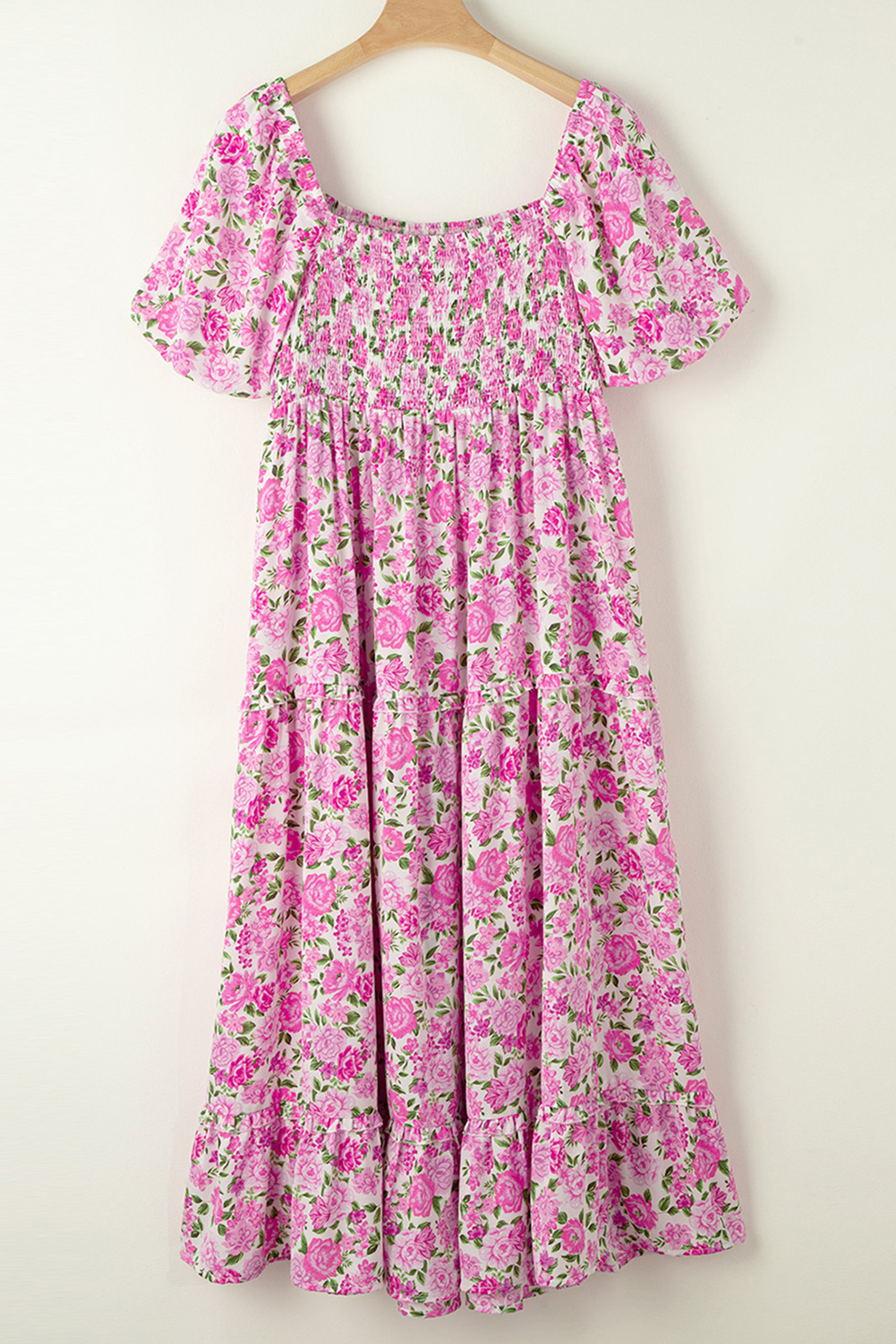 Pink Dainty Floral Smocked Puff Sleeve Flowy Long Dress view 15
