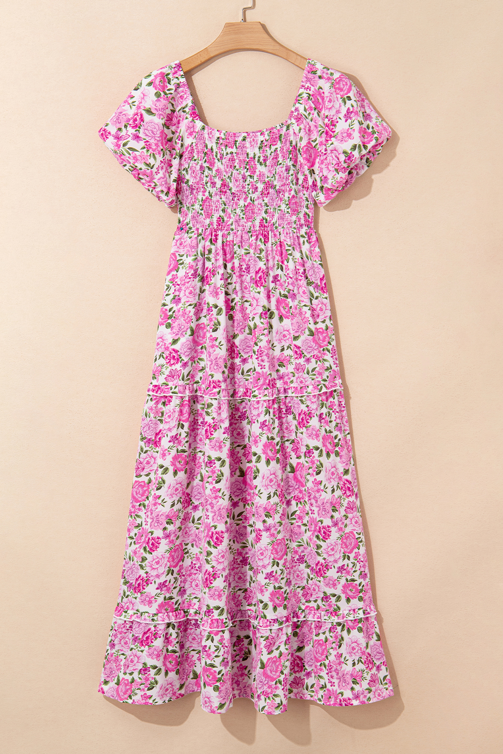 Pink Dainty Floral Smocked Puff Sleeve Flowy Long Dress view 17