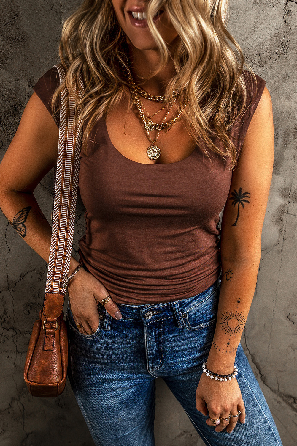 Touch Feeling Round Neck Tank Top | Coffee Quartz 71814-2216