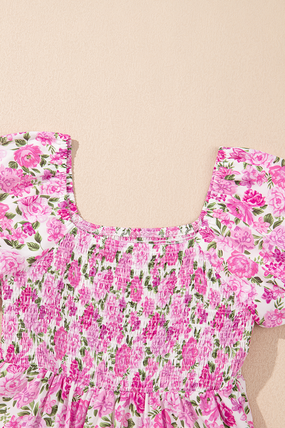 Pink Dainty Floral Smocked Puff Sleeve Flowy Long Dress view 20