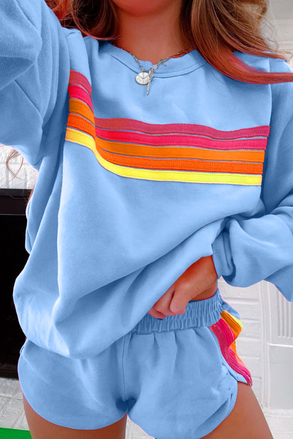 Beau Blue Accent Pullover and Shorts Two Piece Casual Set view 10