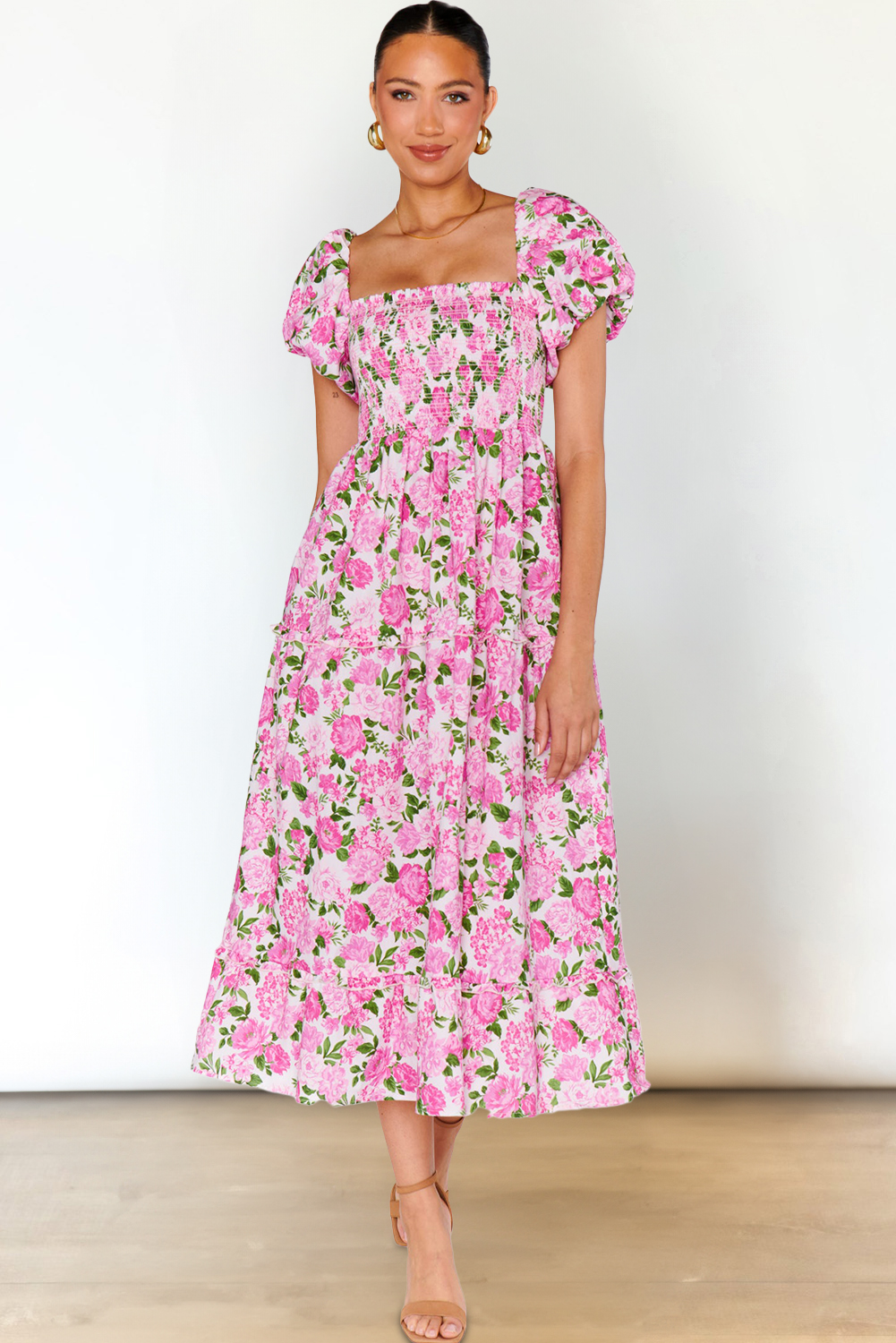 Pink Dainty Floral Smocked Puff Sleeve Flowy Long Dress view 13