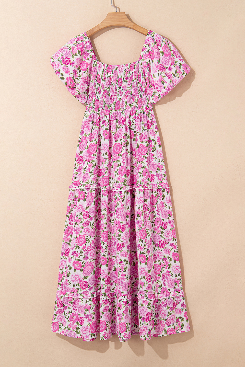 Pink Dainty Floral Smocked Puff Sleeve Flowy Long Dress view 18