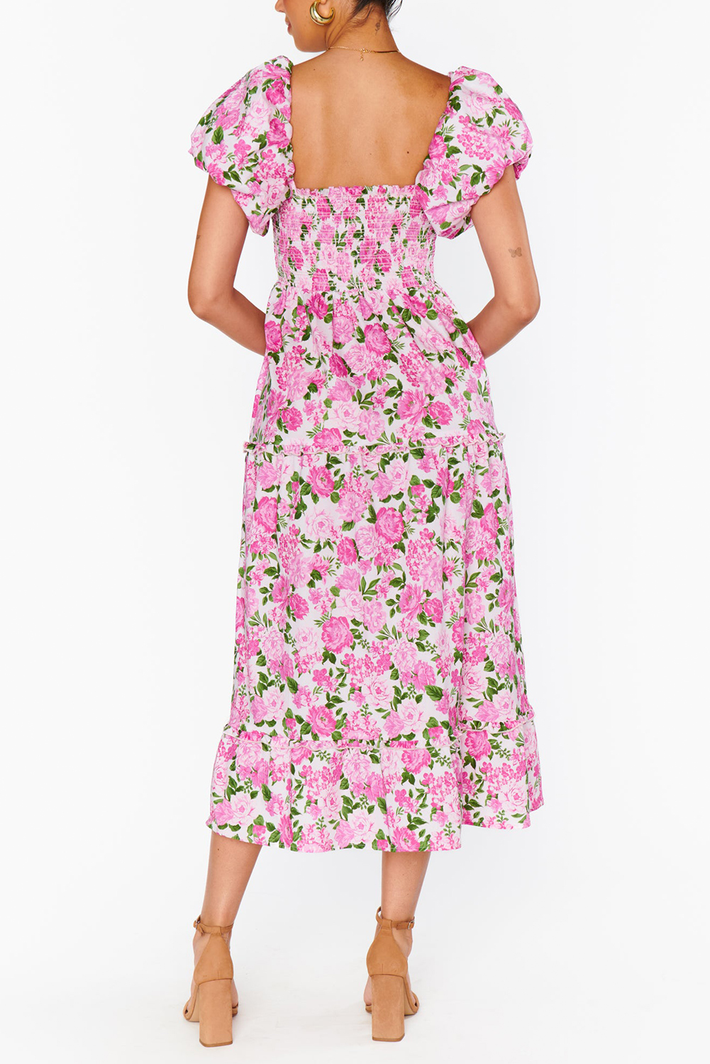 Pink Dainty Floral Smocked Puff Sleeve Flowy Long Dress view 12