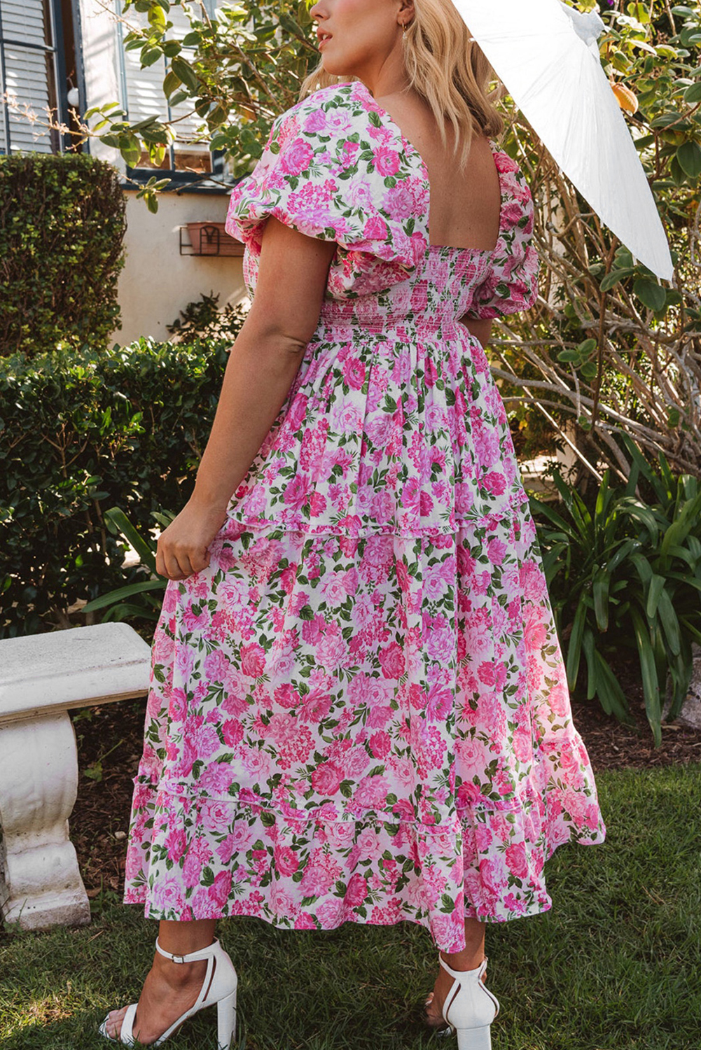 Pink Dainty Floral Smocked Puff Sleeve Flowy Long Dress view 10