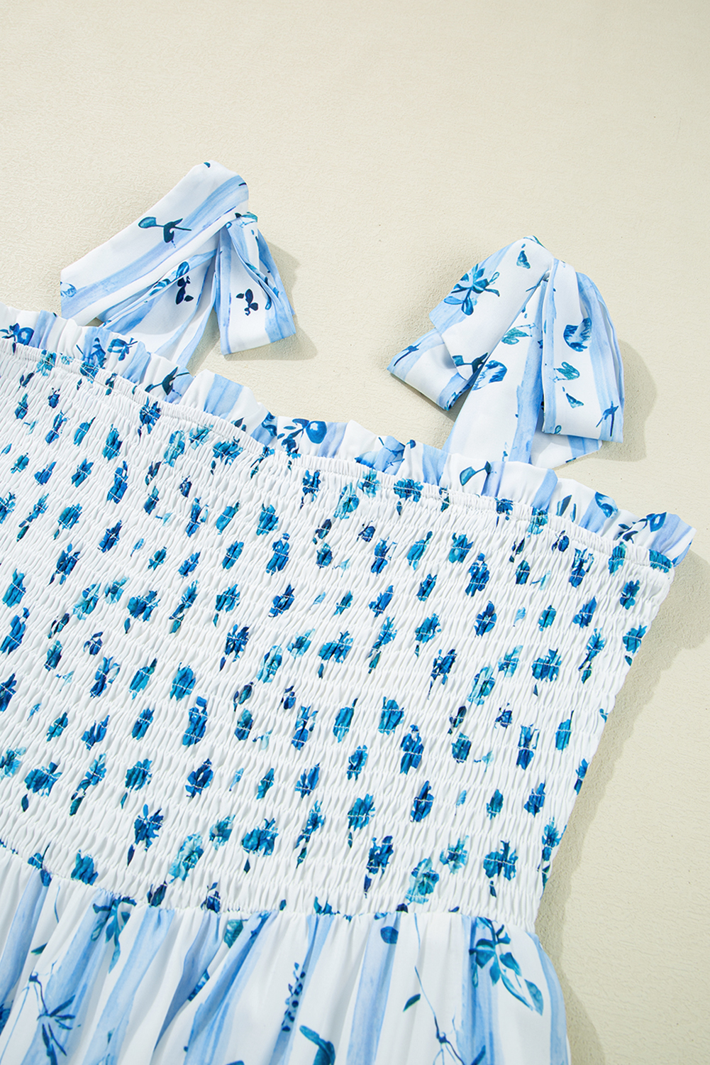 Sky Blue Floral Smocked Tied Straps A-Lined Tiered Maxi Dress view 16