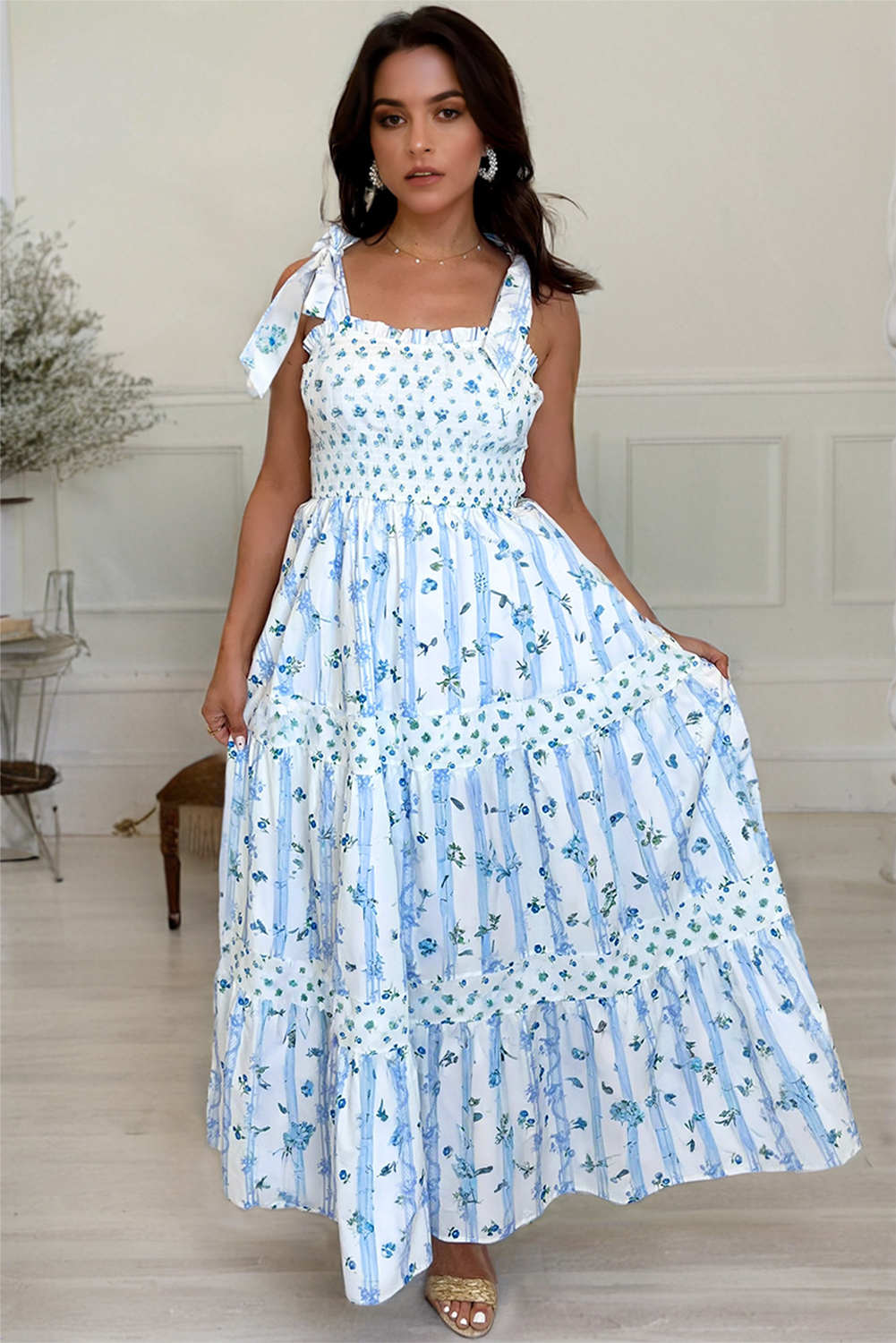 Sky Blue Floral Smocked Tied Straps A-Lined Tiered Maxi Dress view 13
