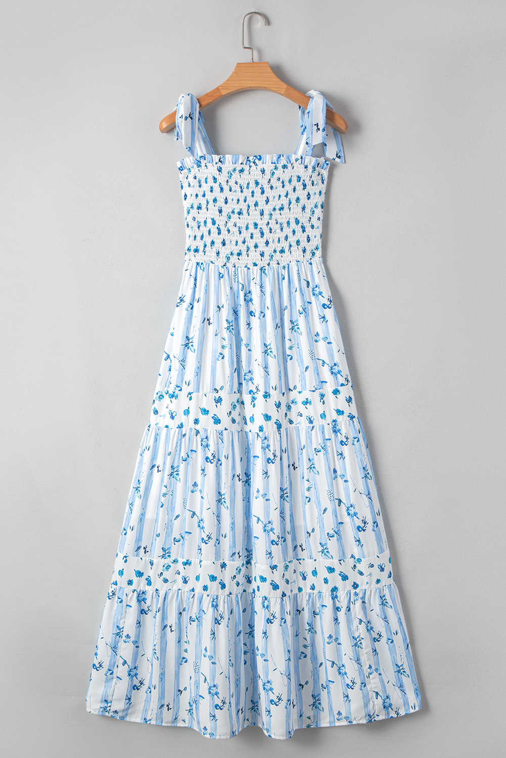 Sky Blue Floral Smocked Tied Straps A-Lined Tiered Maxi Dress view 14