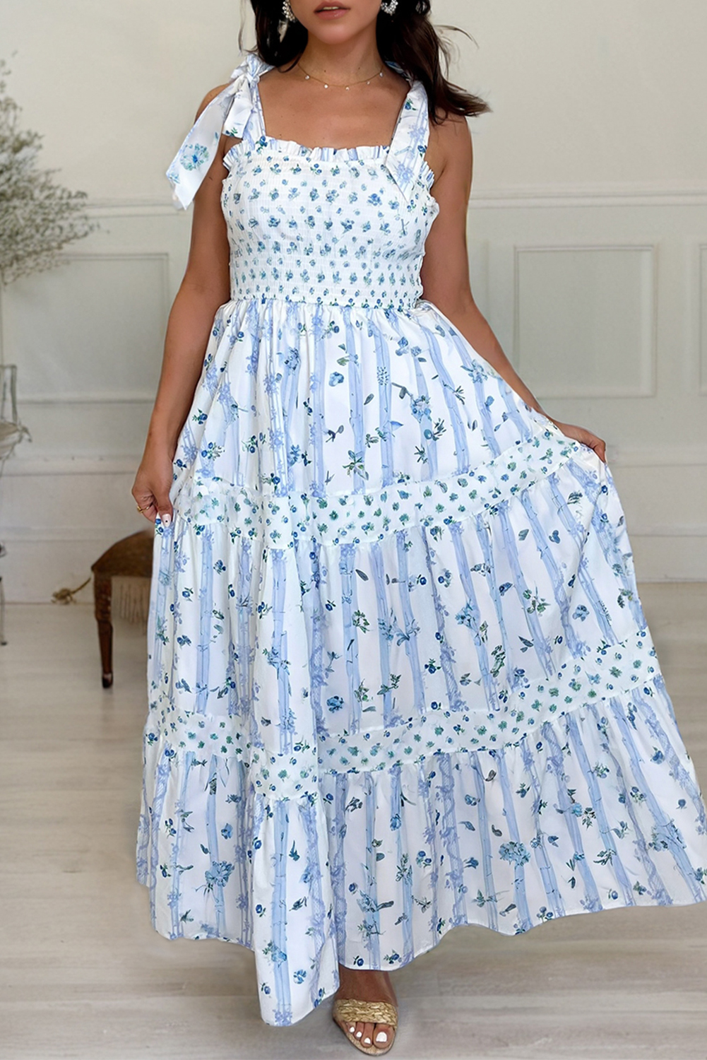 Sky Blue Floral Smocked Tied Straps A-Lined Tiered Maxi Dress view 2