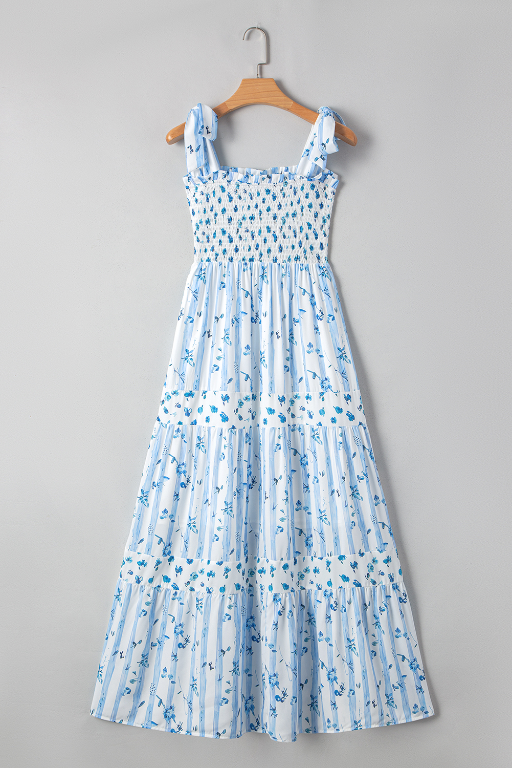 Sky Blue Floral Smocked Tied Straps A-Lined Tiered Maxi Dress view 15