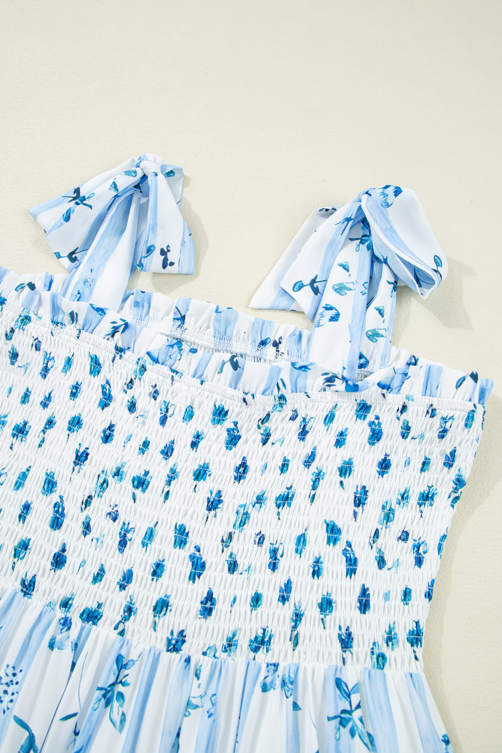 Sky Blue Floral Smocked Tied Straps A-Lined Tiered Maxi Dress view 17