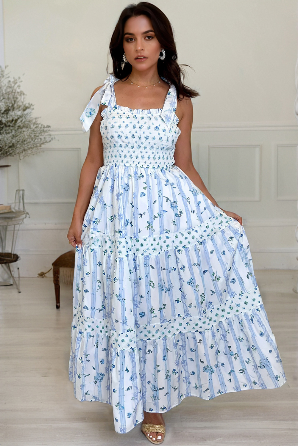 Sky Blue Floral Smocked Tied Straps A-Lined Tiered Maxi Dress view 5