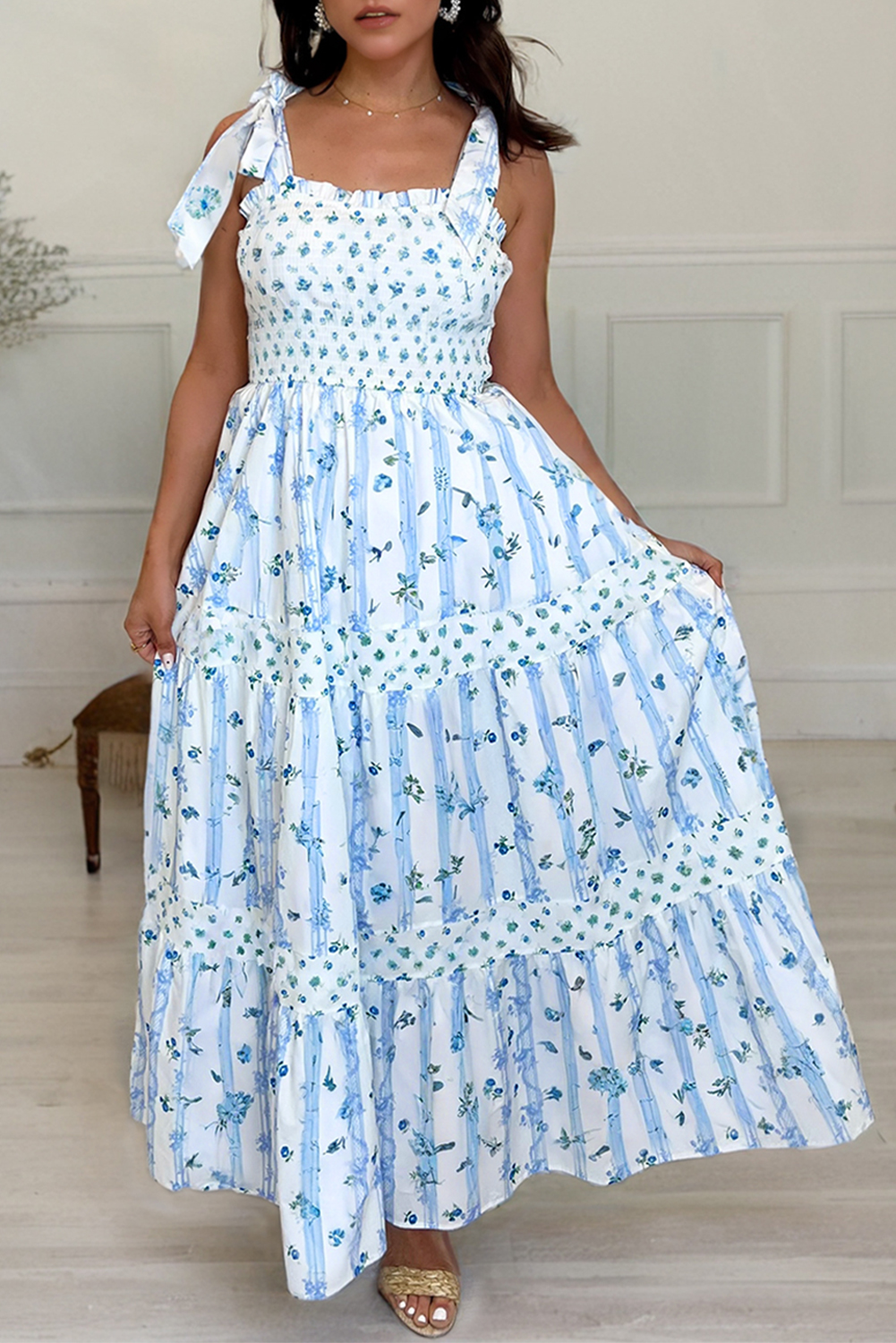 Sky Blue Floral Smocked Tied Straps A-Lined Tiered Maxi Dress view 11