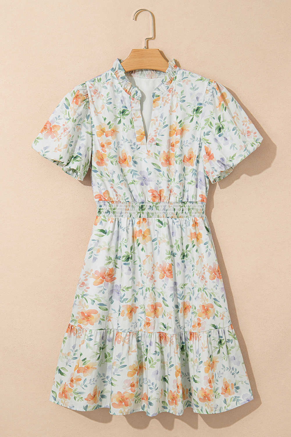 Beige Floral Print Shirred High Waist Puff Sleeve Mini Dress view 12